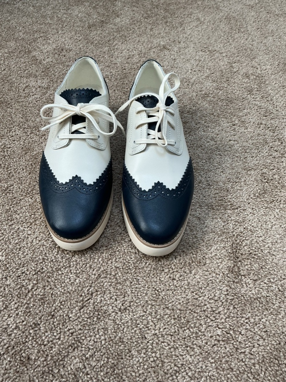 Cole Haan Women's Two-Tone Wingtip Flats - Navy & Cream - Picture 2 of 4